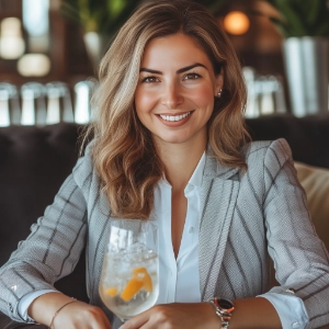 Smiling woman holidng a glass of Gin